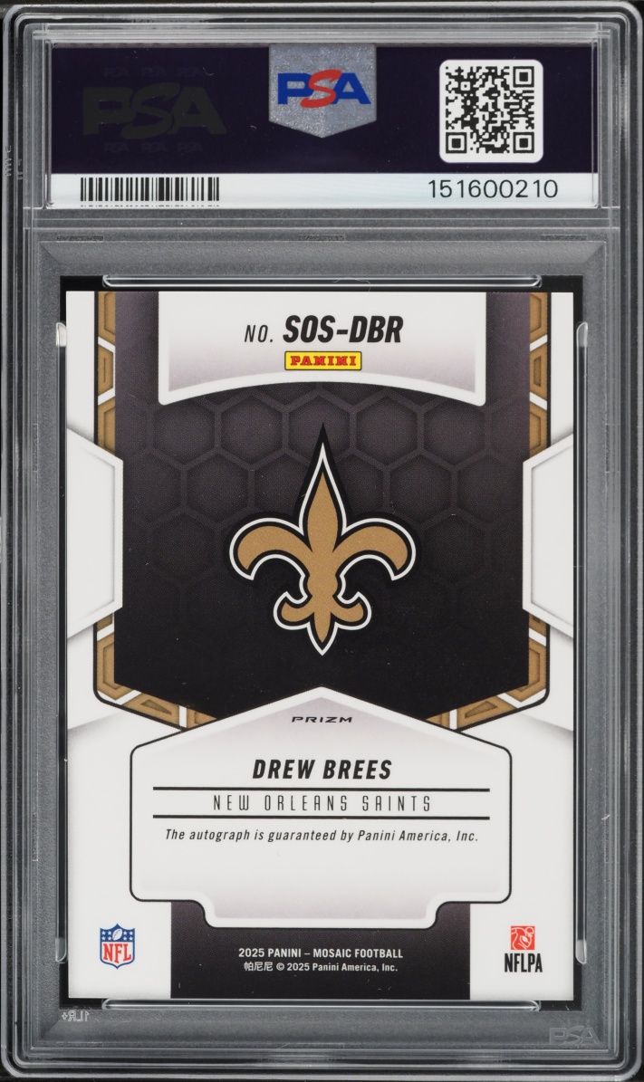 2025 Panini Mosaic Showtime Choice Fusion Red & Yellow Drew Brees AUTO #SOS-DBR PSA 10