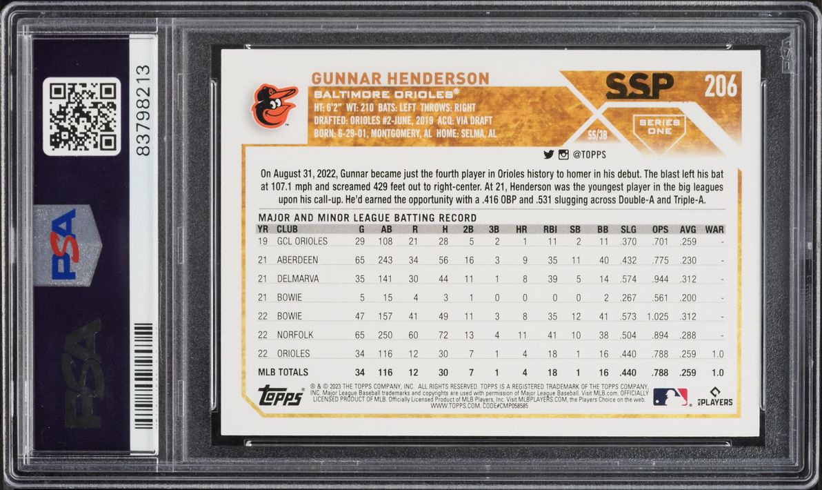 2023 Topps SSP Gunnar Henderson ROOKIE #206 PSA 10 GEM MINT