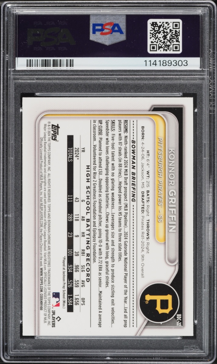2024 Bowman Chrome Draft Sapphire Edition Gold Konnor Griffin PROSPECT /50 #BDC-22 PSA 10 GEM