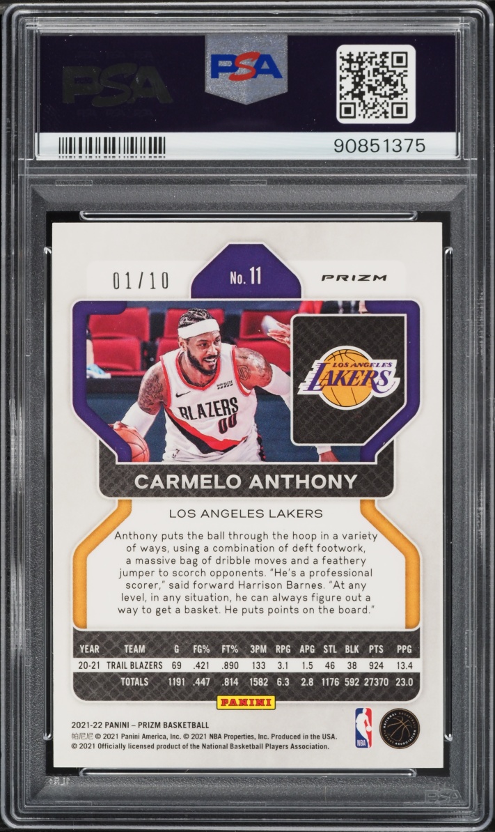 2021 Panini Prizm Gold Carmelo Anthony 1/10 #11 PSA 8 NM-MT