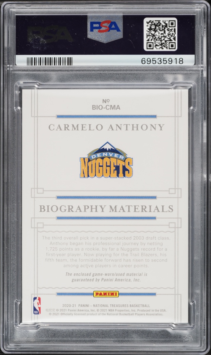 2020 National Treasures Biography Materials Prime Carmelo Anthony PATCH /25 PSA 10 GEM MINT