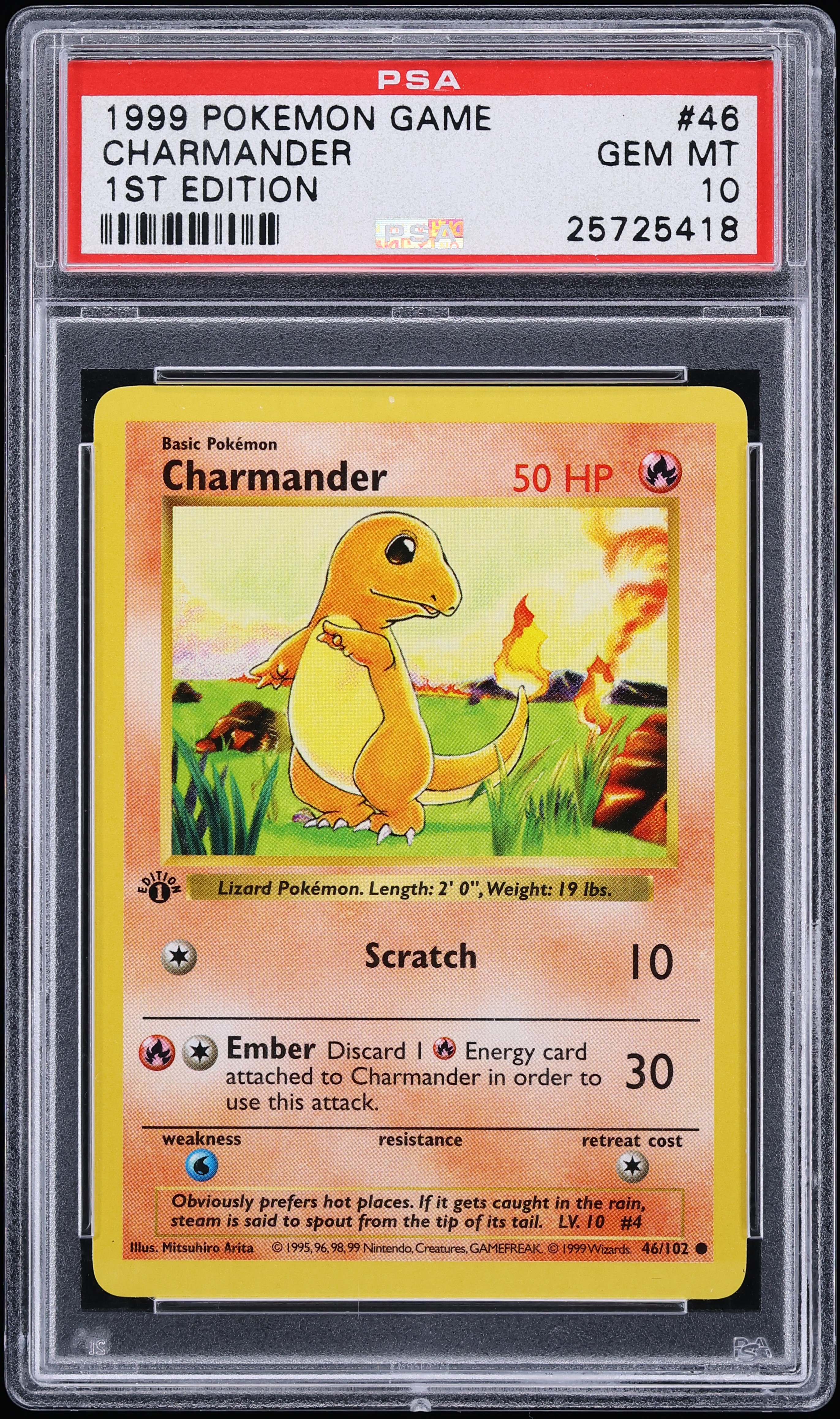 1999 Pokemon Base Set Shadowless 1st Edition Charmander #46 PSA 10 GEM MINT