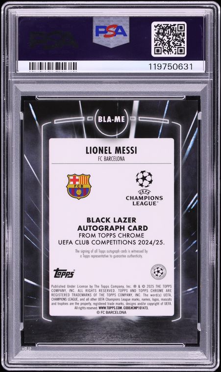 2024 Topps Chrome UCC Black Lazer Orange Lionel Messi AUTO JERSEY # 10/25 #BLA-ME PSA 10 GEM