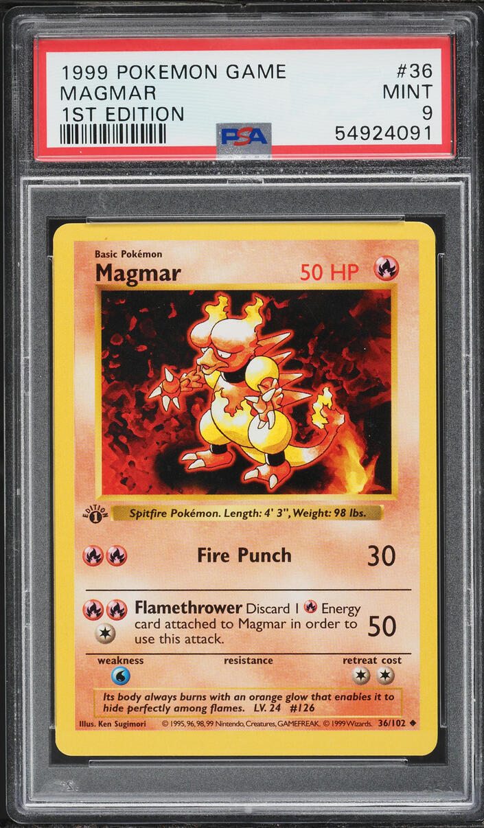 1999 Pokemon Base Set Shadowless 1st Edition Magmar #36 PSA 9 MINT