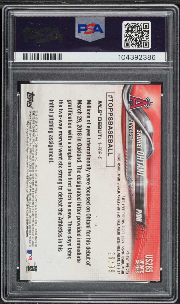 2018 Topps Update Vintage Stock Shohei Ohtani ROOKIE /99 #US285 PSA 8 NM-MT