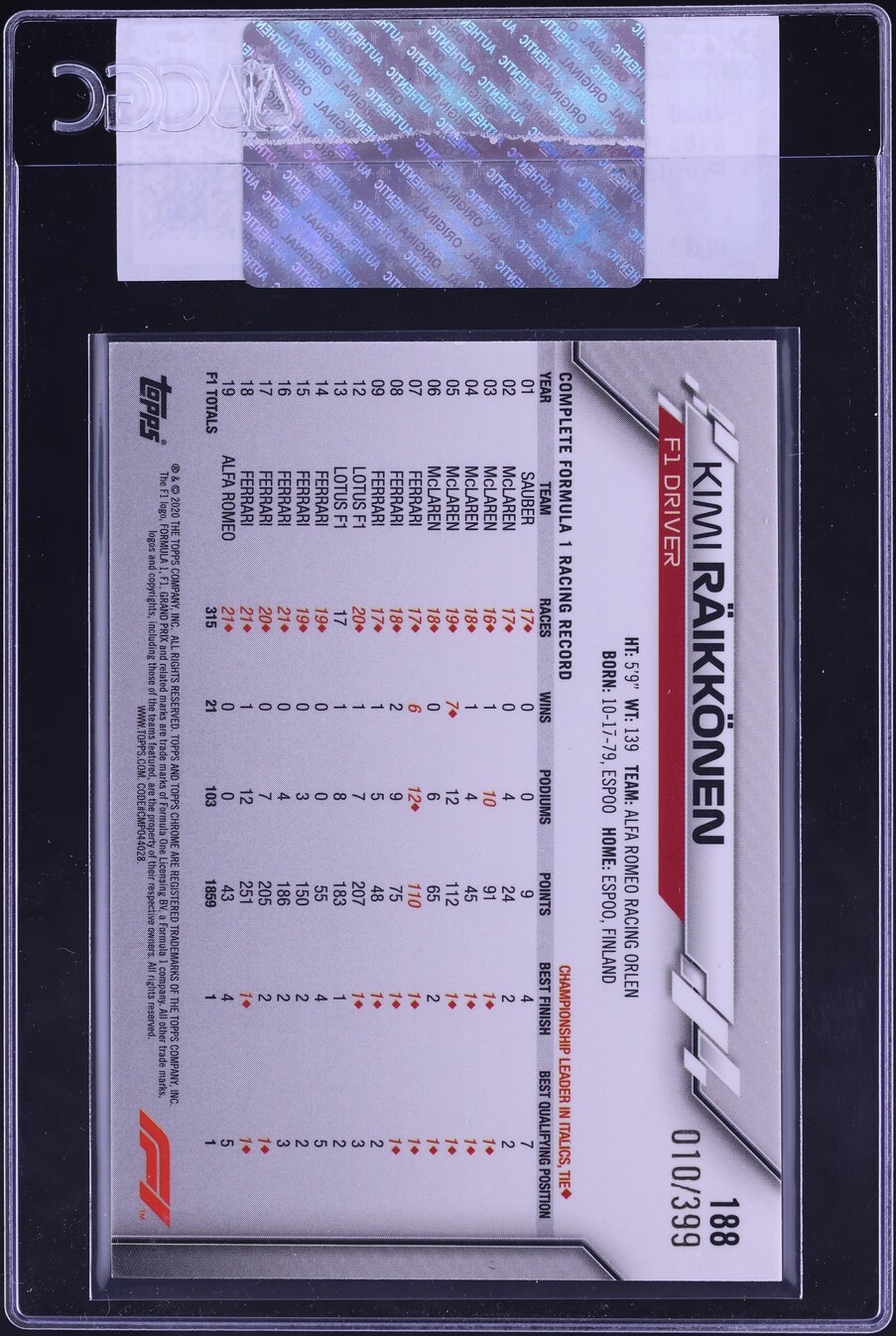 2020 Topps Chrome Formula 1 F1 Purple Refractor Kimi Raikkonen /399 #188 CGC AUTH