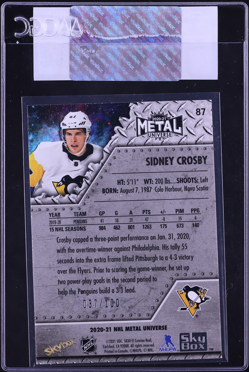 2020 Upper Deck Metal Universe Precious Metal Gems Red Sidney Crosby /100 #87 CGC AUTH - Photo 2