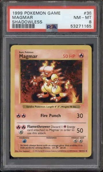 1999 Pokemon Game #36 Magmar Shadowless PSA 8