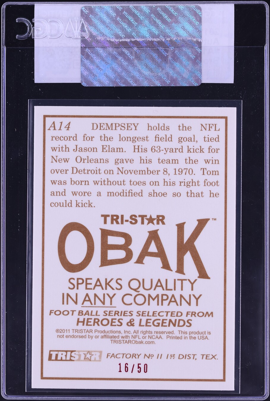 2011 Tristar Obak Brown Tom Dempsey AUTO /50 #A14 CGC AUTH