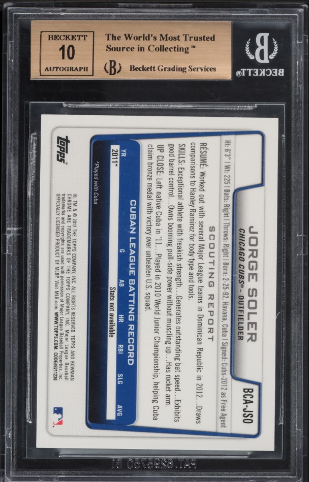 2012 Bowman Chrome Jorge Soler PROSPECT AUTO #BCA-JSO BGS 9.5 GEM MINT