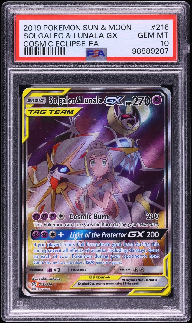 2019 Pokemon Sun & Moon Cosmic Eclipse Full Art Solgaleo & Lunala GX #216 PSA 10 GEM MINT