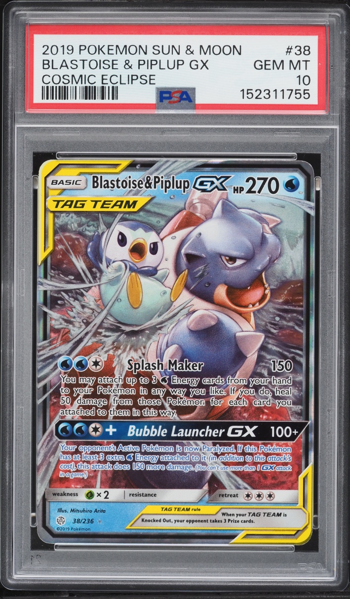2019 Pokemon Sun & Moon Cosmic Eclipse Holo Blastoise & Piplup GX #38 PSA 10 GEM MINT