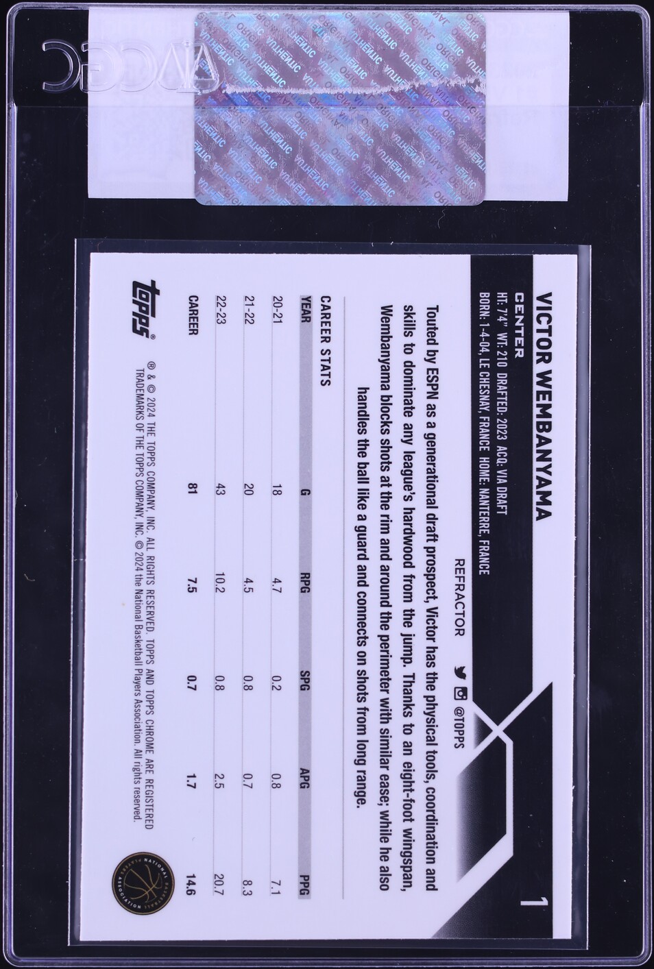 2023 Topps Chrome Refractor Victor Wembanyama ROOKIE #1 CGC AUTH
