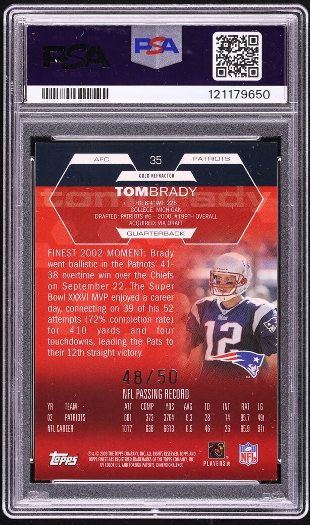 2003 Finest Gold Refractor Tom Brady /50 #35 PSA 8 NM-MT