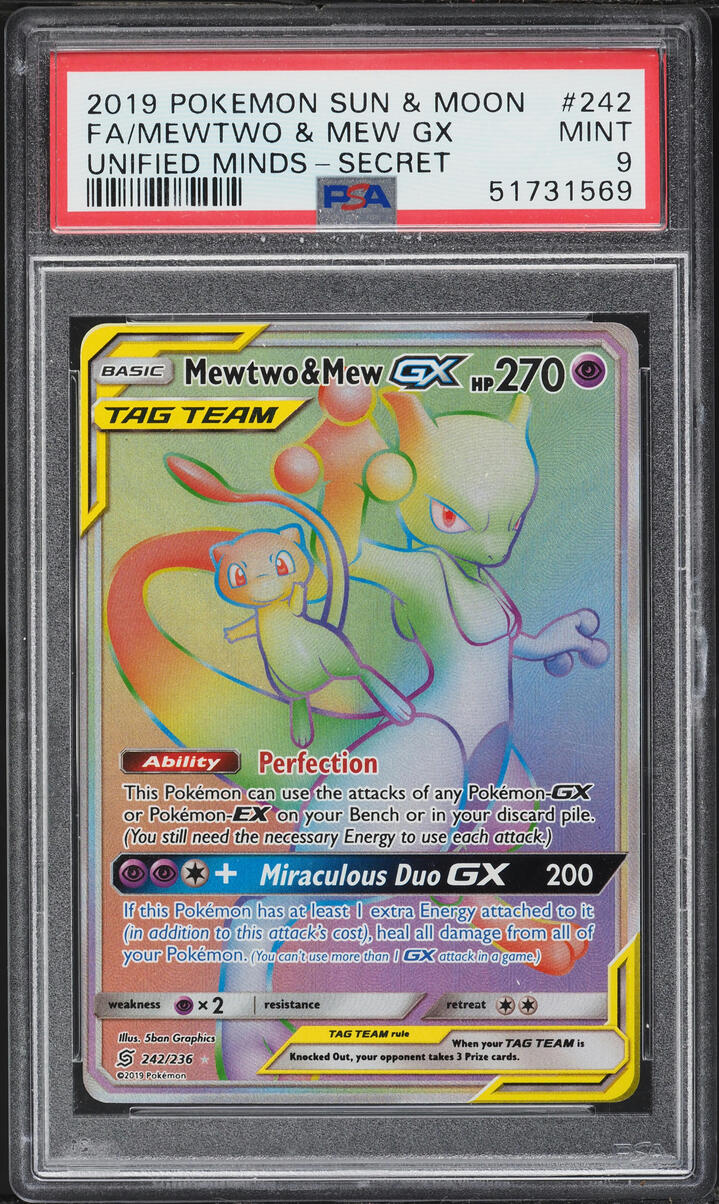 2019 Pokemon Sun & Moon Unified Minds Rainbow Rare Mewtwo & Mew GX #242 PSA 9 MINT