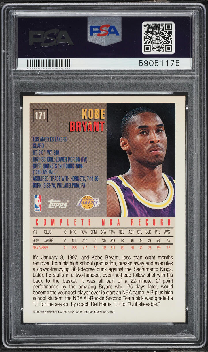 1997 Topps Basketball Kobe Bryant #171 PSA 9 MINT