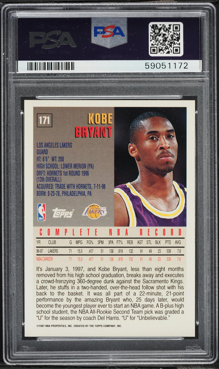 1997 Topps Basketball Kobe Bryant #171 PSA 9 MINT