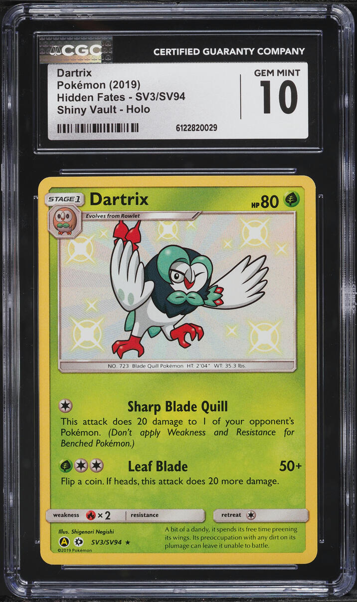 2019 Pokemon Sun & Moon Hidden Fates Shiny Dartrix #SV3 CGC 10 GEM MINT