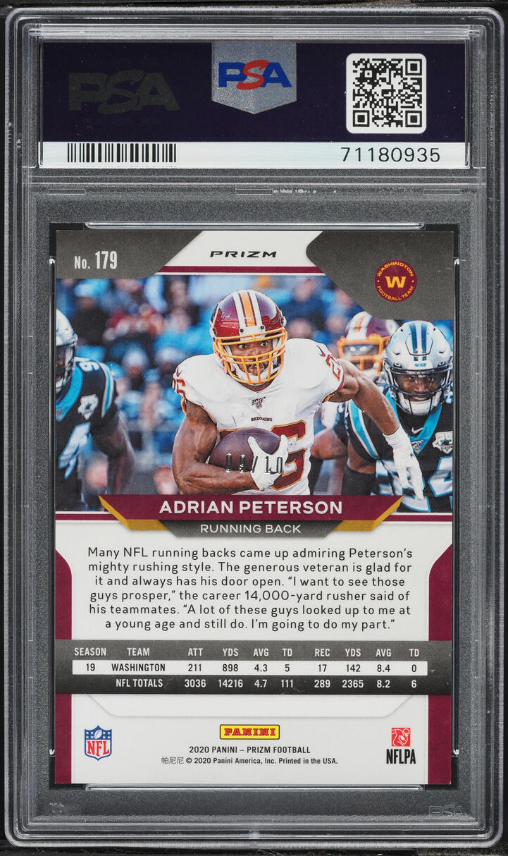 2020 Panini Prizm Gold Adrian Peterson /10 #179 PSA 9 MINT