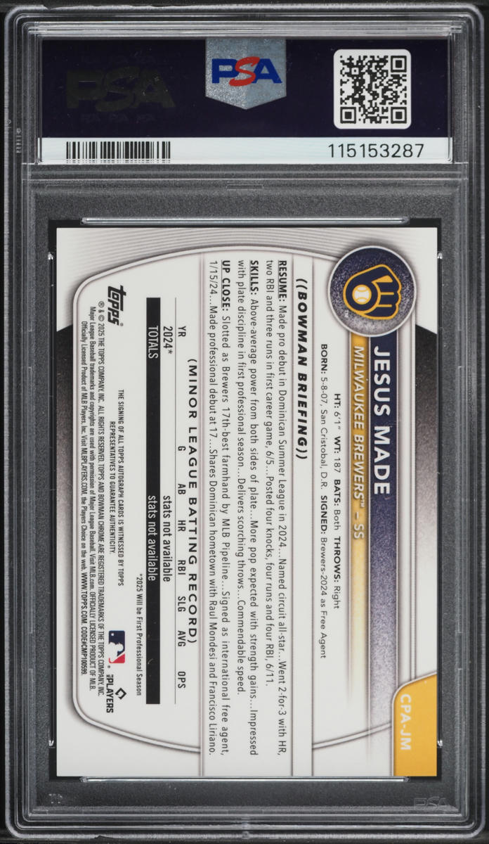 2025 Bowman Chrome Blue X-Fractor Jesus Made PROSPECT AUTO /150 #CPAJM PSA 10