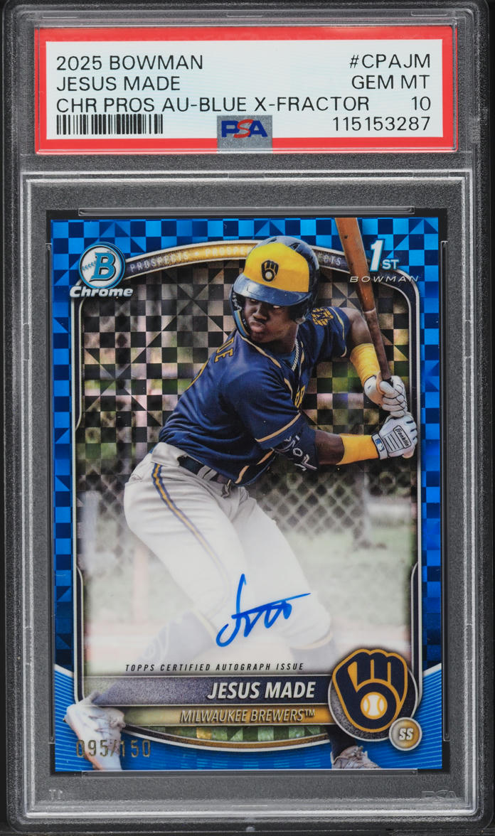 2025 Bowman Chrome Blue X-Fractor Jesus Made PROSPECT AUTO /150 #CPAJM PSA 10