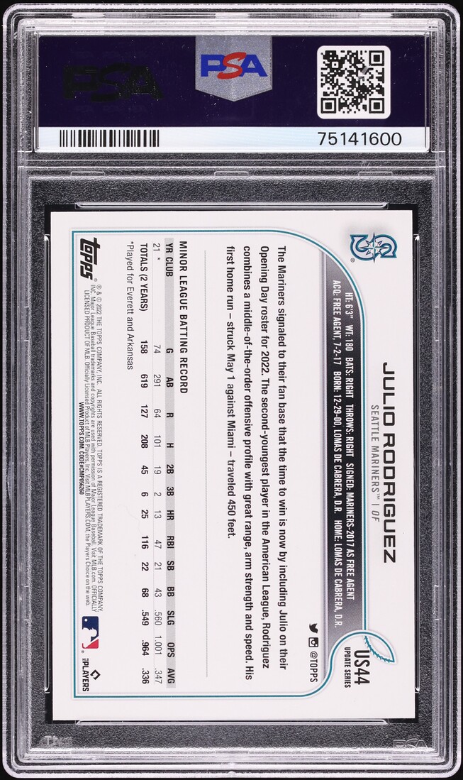 2022 Topps Update Variation Julio Rodriguez w/ Ichiro ROOKIE #US44 PSA 10 GEM MINT