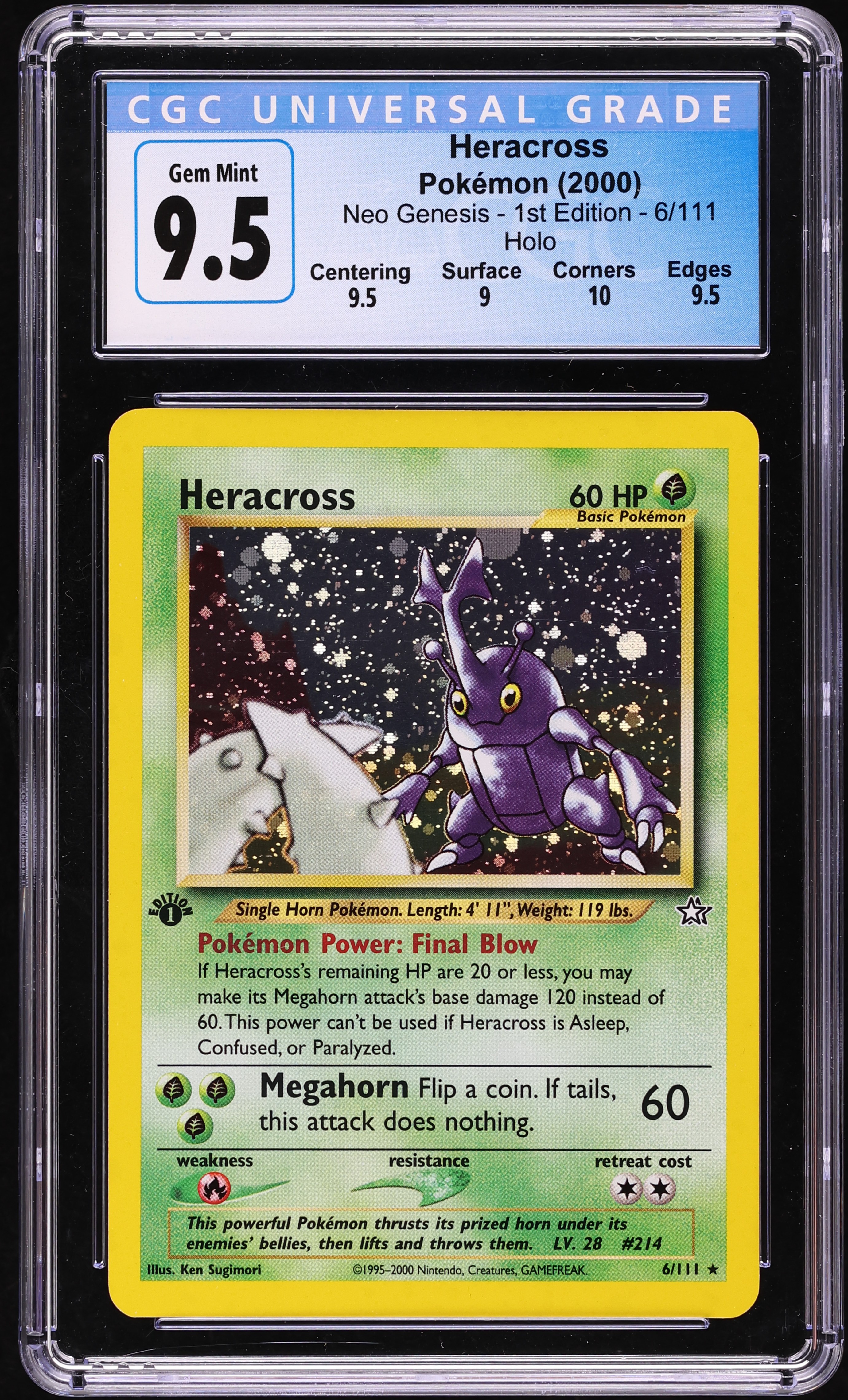 2000 Pokemon Neo Genesis 1st Edition Holo Heracross #6 CGC 9.5 GEM MINT