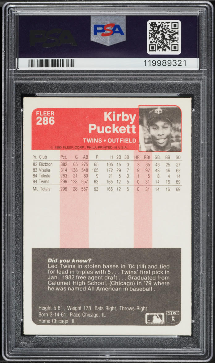 1985 Fleer Kirby Puckett ROOKIE #286 PSA 8 NM-MT