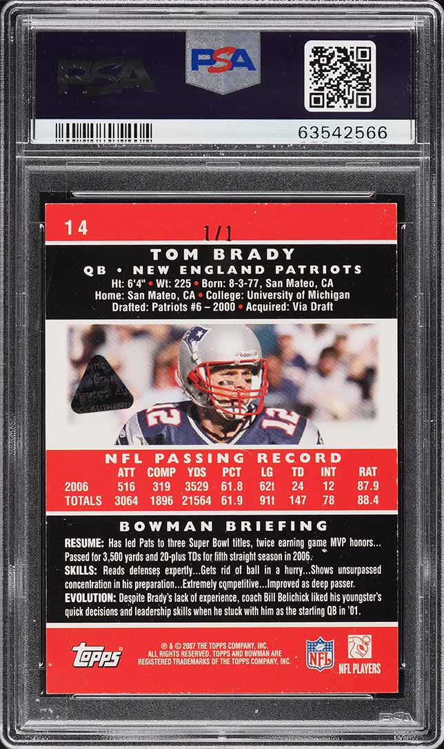 2007 Bowman Red Tom Brady 1/1 #14 PSA AUTH