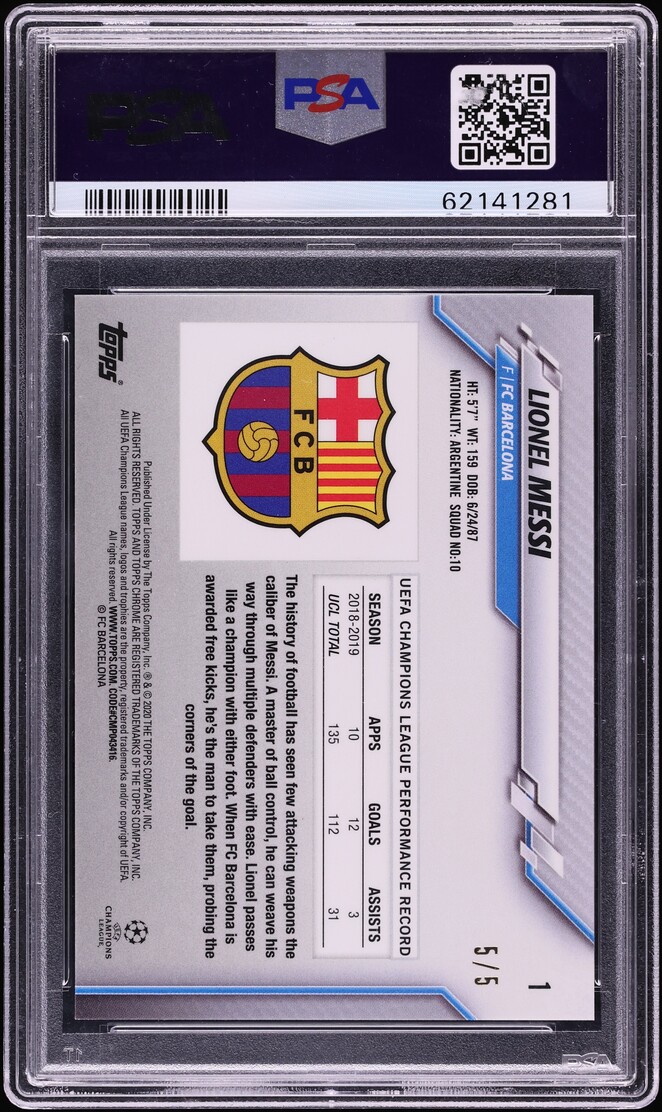 2019 Topps Chrome UEFA Sapphire Red Lionel Messi 5/5 #1 PSA 9 MINT