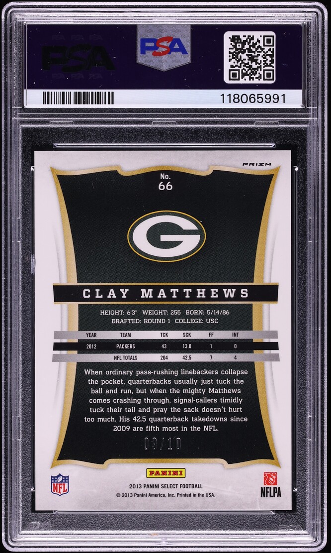 2013 Select Gold Prizm Clay Matthews /10 #66 PSA 10 GEM MINT - Photo 2