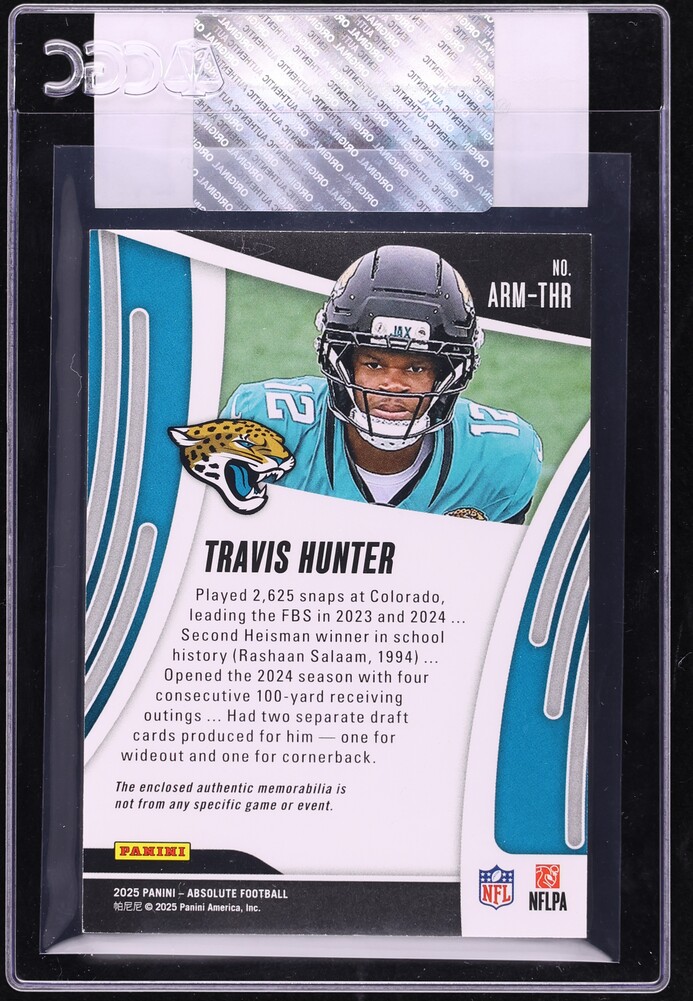 2025 Absolute Football Travis Hunter ROOKIE PATCH #ARM-THR CGC AUTH