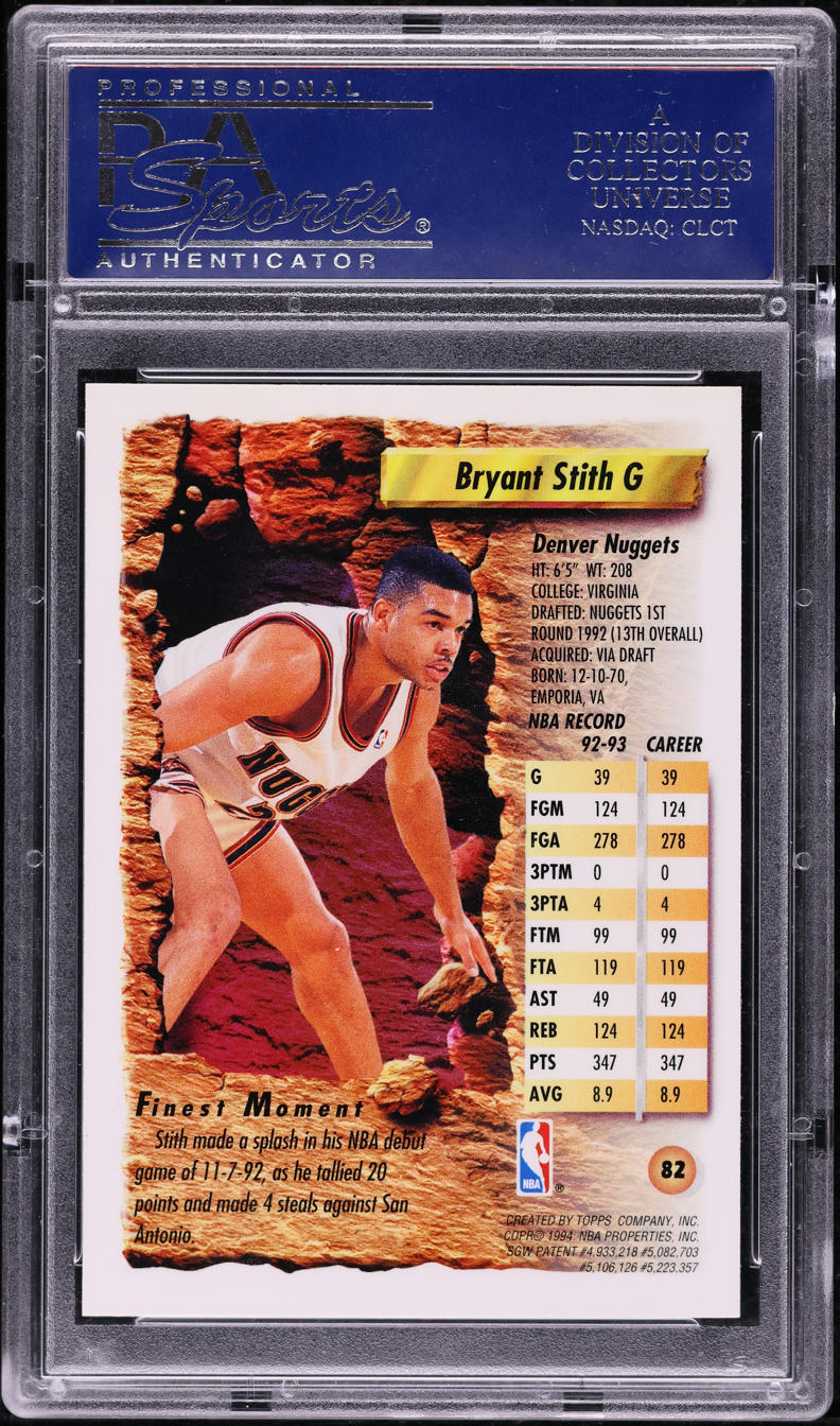 1993 Finest Refractor Bryant Stith #82 PSA 10 GEM MINT