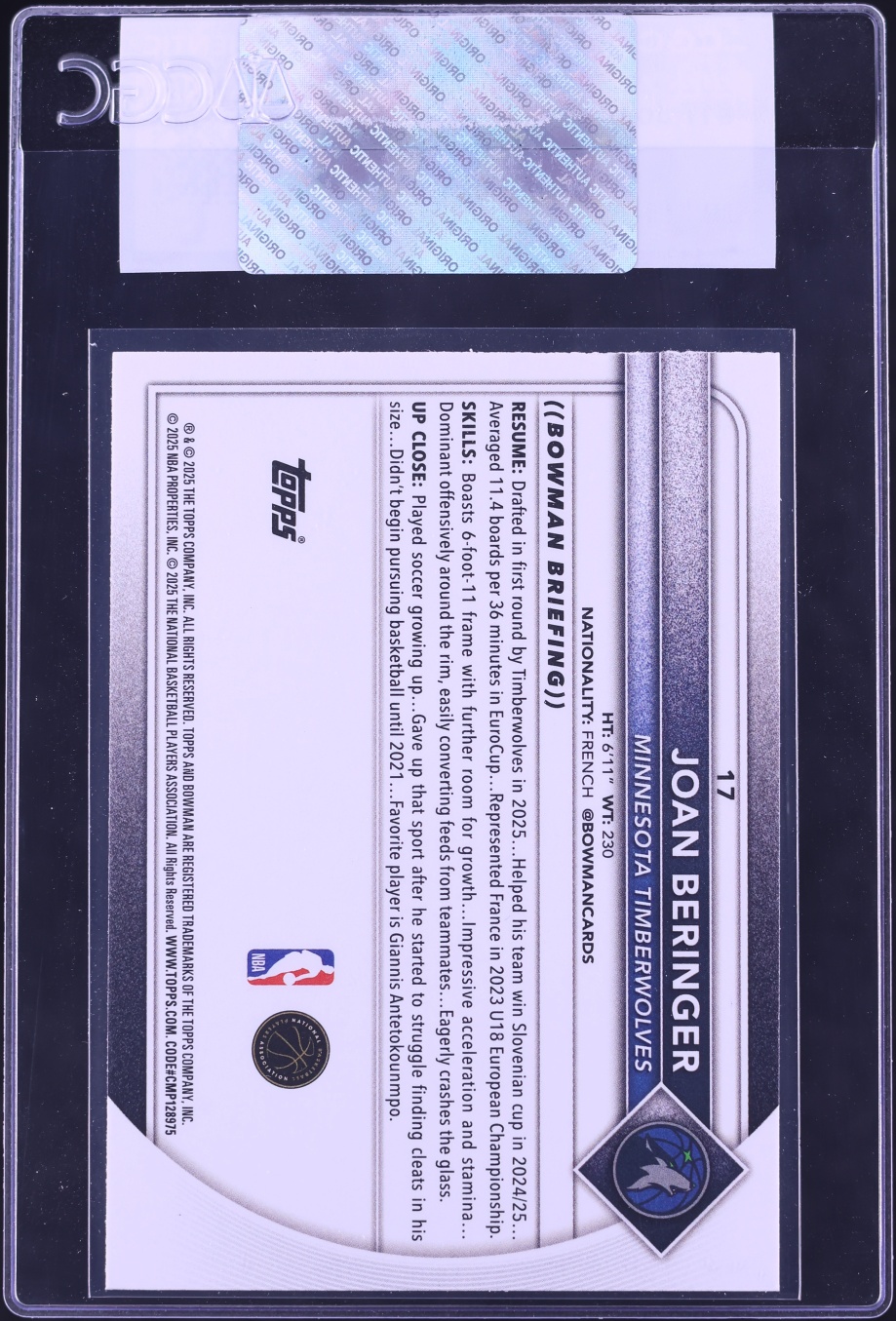 2025 Bowman Basketball Joan Beringer ROOKIE #17 CGC AUTH