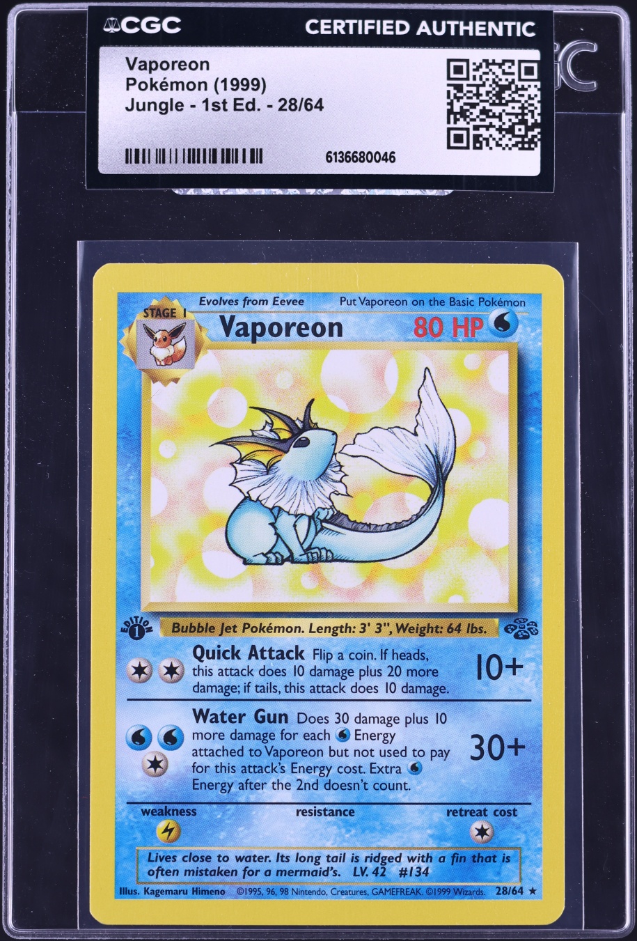 1999 Pokemon Jungle 1st Edition Vaporeon #28 CGC AUTH