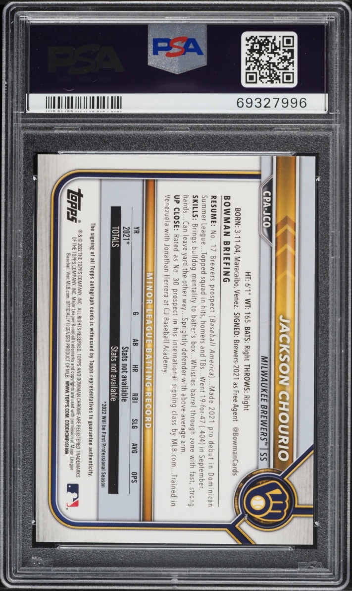 2022 Bowman Chrome Jackson Chourio PROSPECT AUTO #CPA-JCO PSA 10 GEM MINT