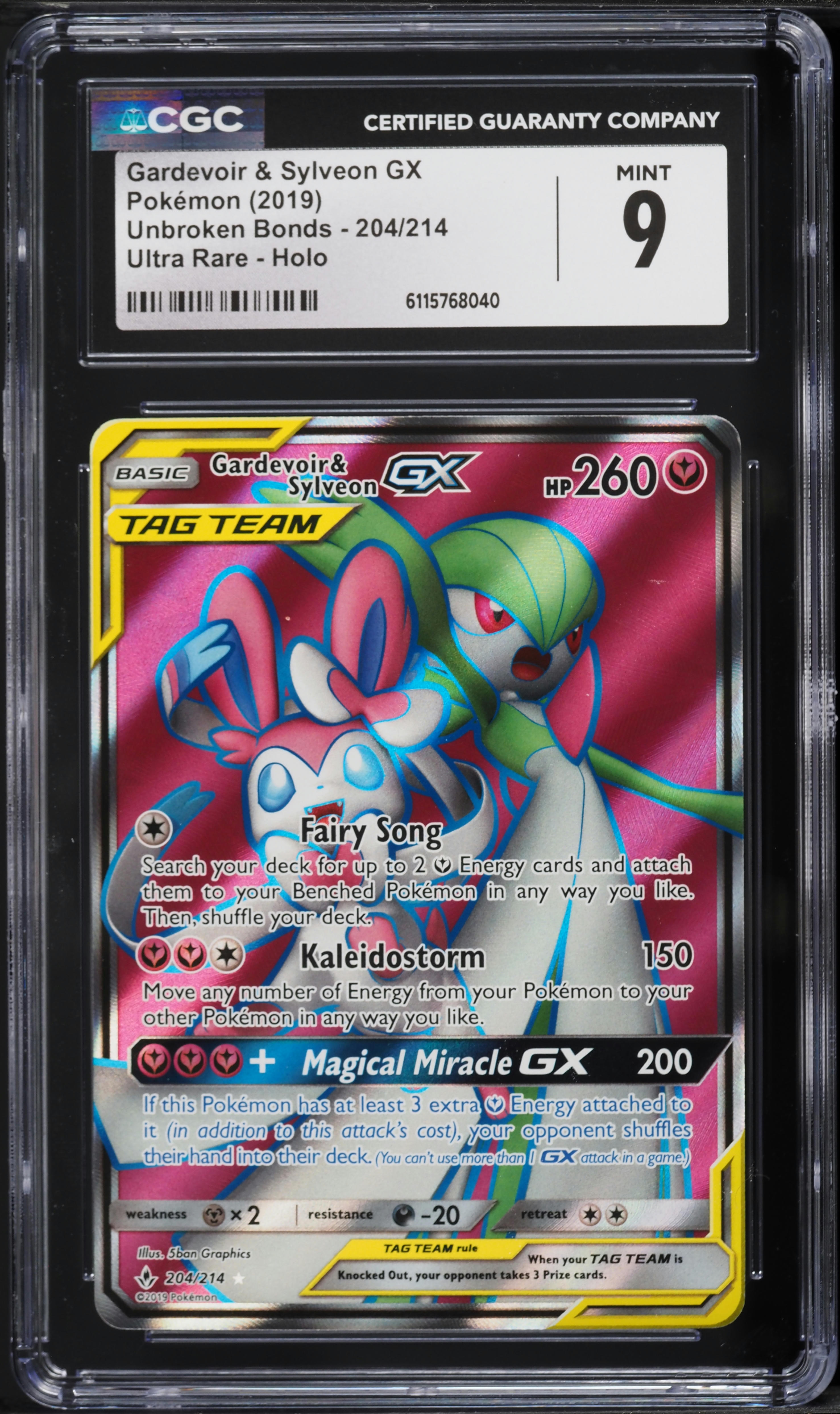 2019 Pokemon Sun & Moon Unbroken Bonds Full Art Gardevoir & Sylveon GX #204 CGC 9 MINT