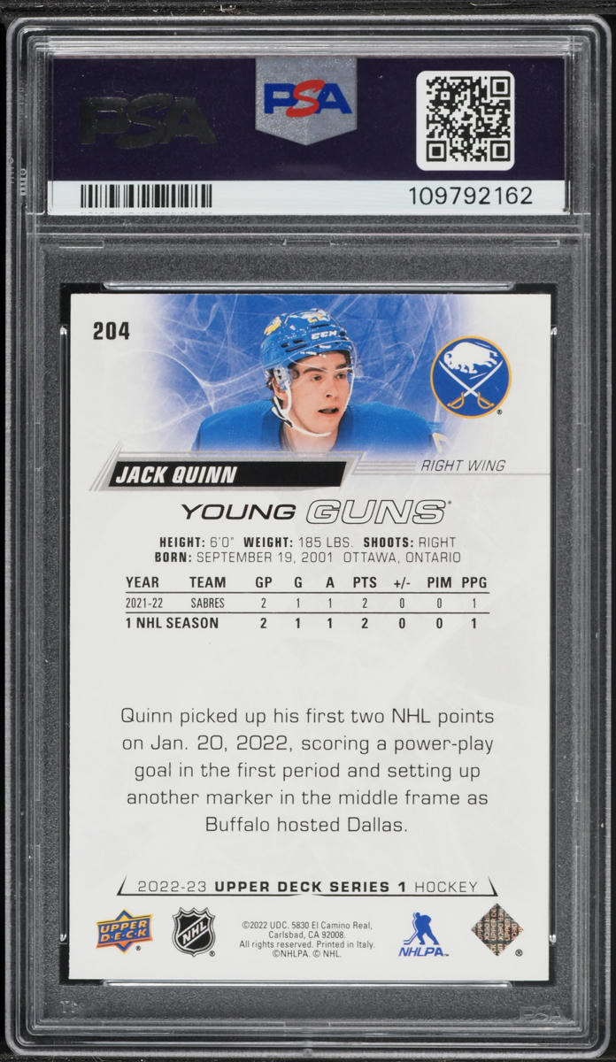 2022 Upper Deck Young Guns Jack Quinn ROOKIE #204 PSA 7 NRMT - Photo 2