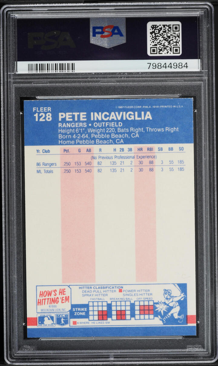 1987 Fleer Pete Incaviglia ROOKIE #128 PSA 7 NRMT
