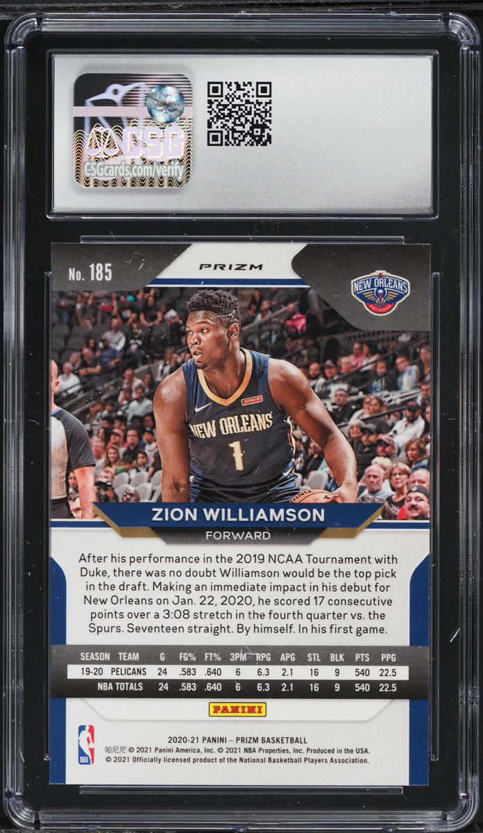 2020 Panini Prizm Silver Zion Williamson #185 CSG 8.5 NM-MT+