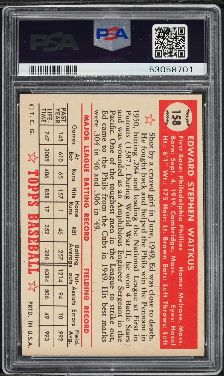 1952 Topps Eddie Waitkus #158 PSA 7 NRMT