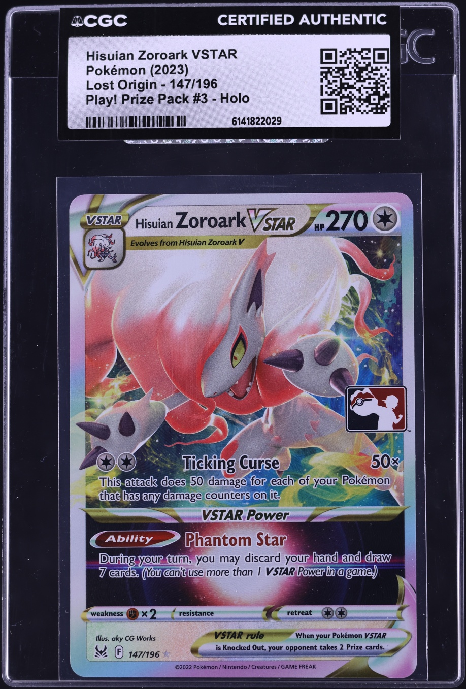 2023 Pokemon SWSH Lost Origin Play! Prize Pack 3 Holo Hisuian Zoroark VSTAR #147 CGC AUTH