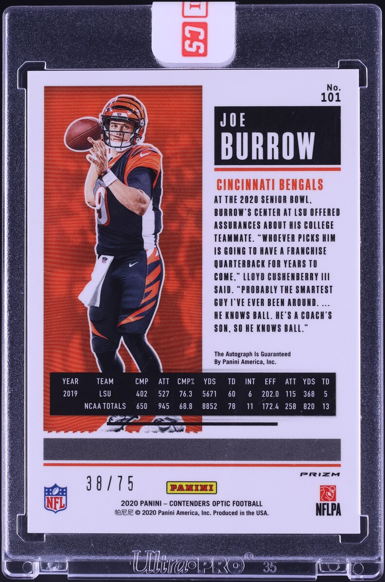 2020 Panini Contenders Optic Blue Prizm Joe Burrow ROOKIE AUTO /75 #101