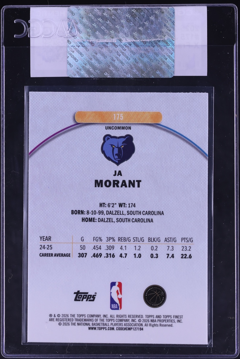 2025 Finest Xfractor Ja Morant #175 CGC AUTH