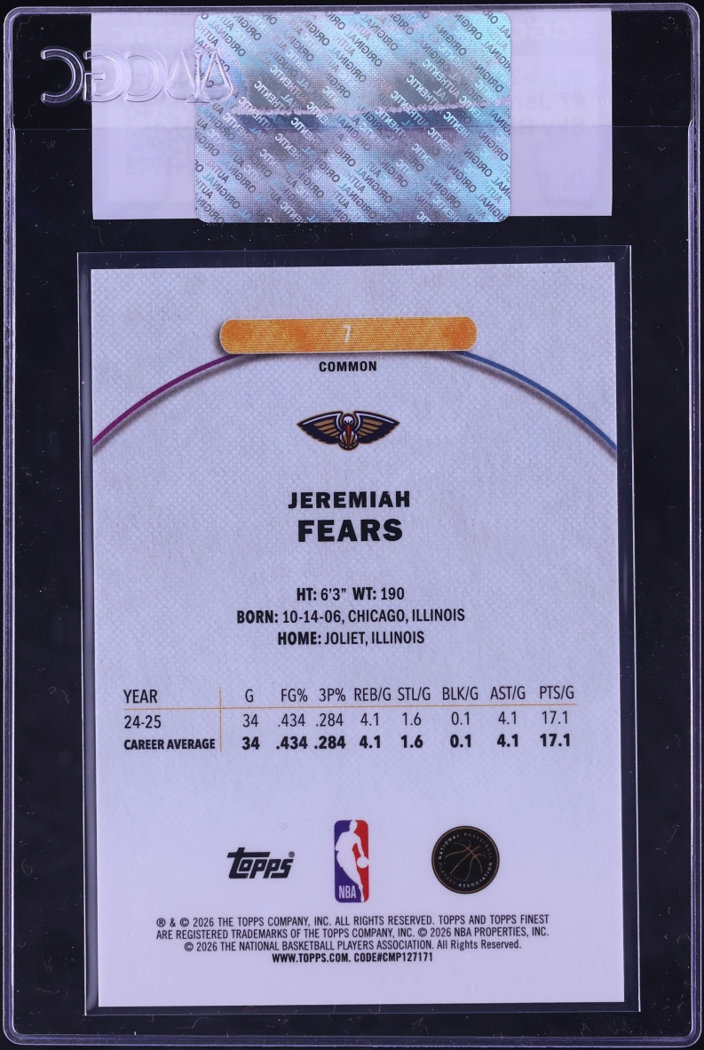2025 Finest Sky Blue Refractor Jeremiah Fears ROOKIE /350 #7 CGC AUTH