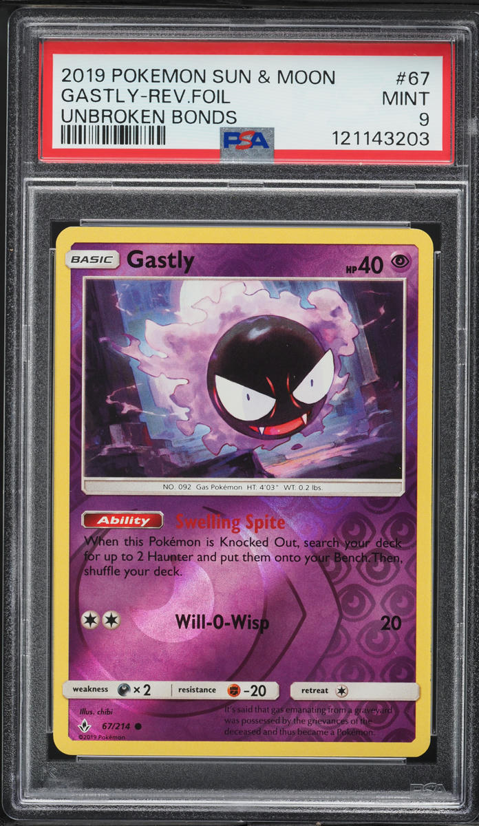 2019 Pokemon Sun & Moon Unbroken Bonds Reverse Holo Gastly #67 PSA 9 MINT