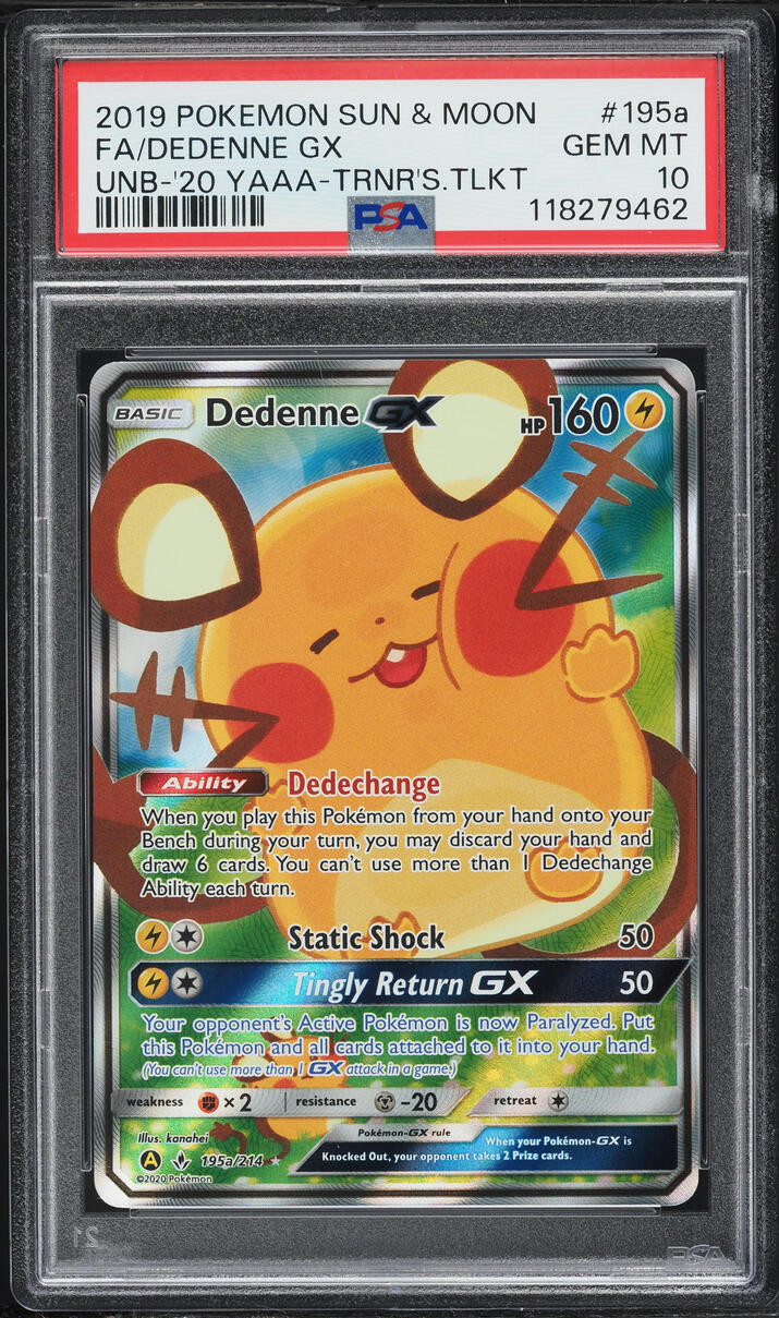 2020 Pokemon SM Unbroken Bonds Trainer's Toolkit Full Art Dedenne GX #195a PSA 10 GEM MINT
