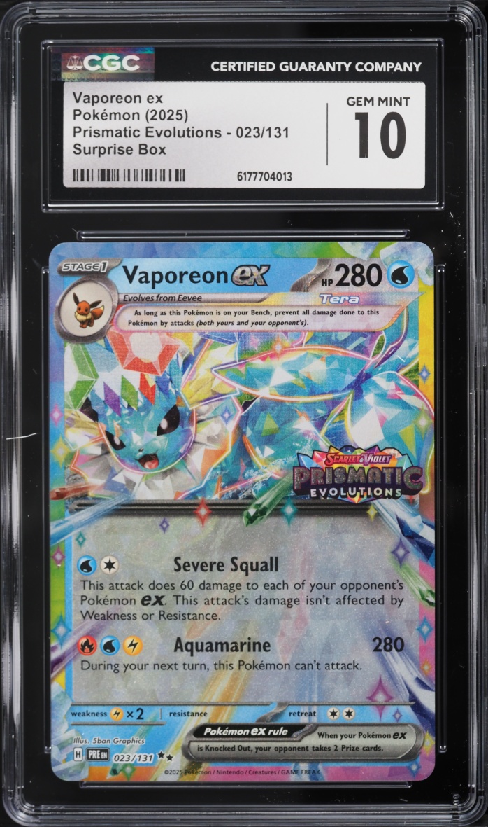 2025 Pokemon Scarlet & Violet Prismatic Evolutions Surprise Box Holo Vaporeon EX #23 CGC 10 GEM