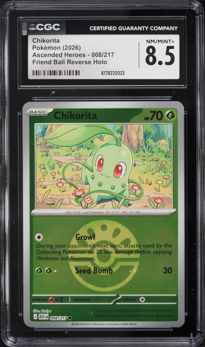 2026 Pokemon Mega Evolution Ascended Heroes Friend Ball Reverse Holo Chikorita #008 CGC 8.5