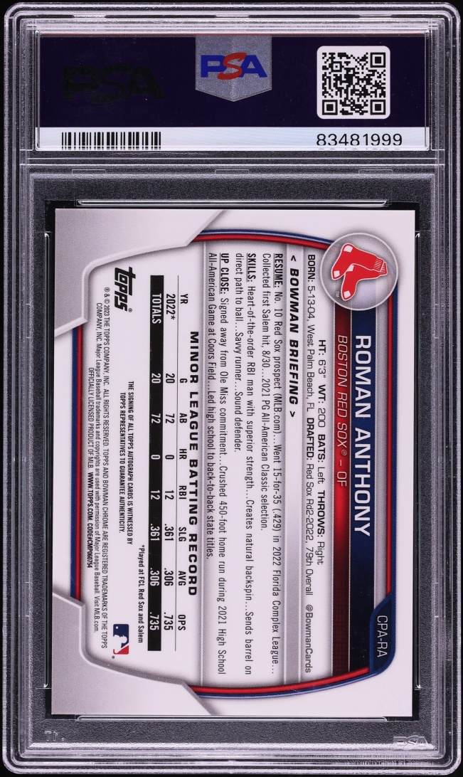 2023 Bowman Chrome Blue Refractor Roman Anthony PROSPECT AUTO /150 #CPA-RA PSA 10 GEM MINT - Photo 2